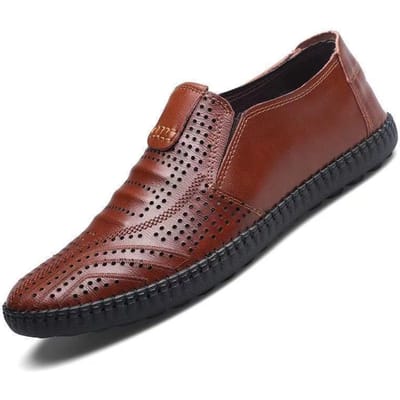 Heren Zomer Leren Schoenen Ademend Holle PU Schoenen Instappers Zachte Zool Casual Leren Schoenen Comfortabele Rijschoenen Vrije Tijd Ronde Neus Slijtvast 39 bruin