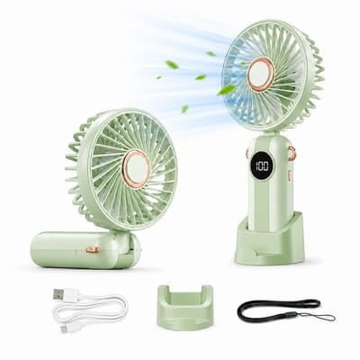 Draagbare Handventilator - Stille Persoonlijke Ventilator met 5 Snelheden - Opvouwbaar Mini Handfan met Koord - Lichtgewicht voor Reizen, Kantoor, Bureaublad - Groen - 1 Stuk