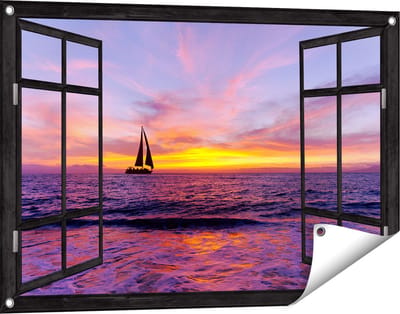 Gards Tuinposter Doorkijk Zeilboot Silhouet bij Zonsondergang - 90x60 cm - Tuindoek - Tuindecoratie - Wanddecoratie buiten - Tuinschilderij