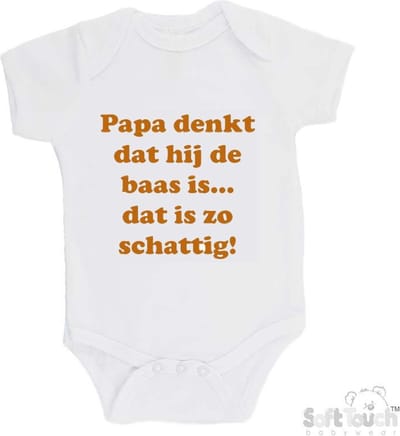 100% katoenen Romper "Papa denkt dat hij de baas is... Dat is zo schattig!" Unisex Katoen Wit/tan Maat 56/62