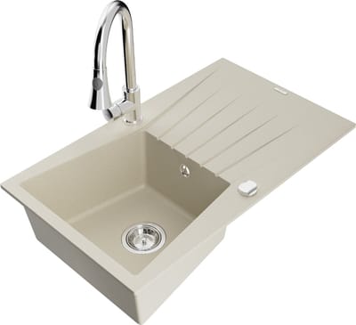 Mexen Cesar granieten spoelbak met 1 bak en afdruiprek en keukenmengkraan Elia, beige - 6514-69-670101-00