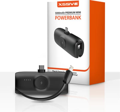Mini Powerbank 5000 mAh - Geschikt voor Powerbank iPhone / iPad met Lightning Poort en Apple Watch - USB C Snellader Plug - Draadloze Oplader voor Series 1-10/SE/Ultra - Ingebouwde Kabel voor 14 Pro Max - 20W Fast Charger - Compact en Licht - Zwart