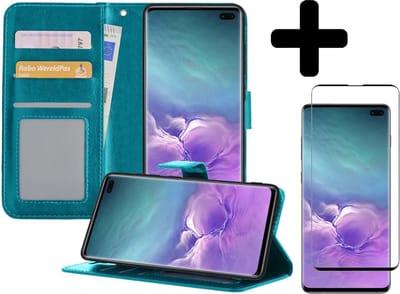 Hoesje - Met Screenprotector - Geschikt voor Samsung Galaxy S10 - Luxe Pasjeshouder - Bookcase Portemonee - Flip Case - Kunstleer Book Case - Flipcase - Book Cover - Walletcase - Portemonneehoes - Telefoonhoesjes - Turquoise