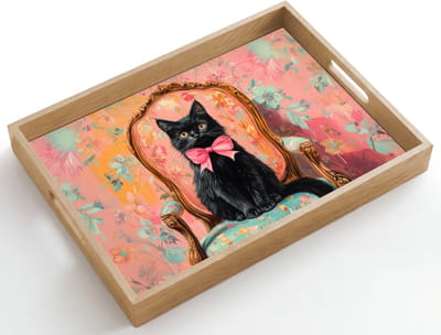 Dienblad hout 50x35 cm - Schootdienblad - Kat - Roze - Stoel met bloemenmotief - Borrelplank rechthoek - Plateau dienbladen