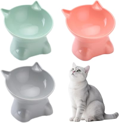 Kattenvoerbak, verhoogde kattenbak, 3-delige set met 15° kantelbare voederbak, kat, water, voerbak voor katten