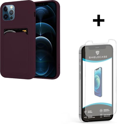 ShieldCase telefoonhoesje geschikt voor Apple iPhone 12 / 12 Pro siliconen hoesje met pasjeshouder - aubergine + glazen Screen Protector