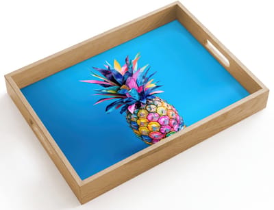 Dienblad hout 40x30 cm - Schootdienblad - Ananas - Blauw - Tropisch - Vrolijk - Borrelplank rechthoek - Plateau dienbladen
