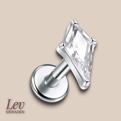 Lev Sieraden - Titanium Push Pin Labret piercing Zirkonia Kite cut - 1.2 x 8 mm - Zilver kleurig - neuspiercing - tragus piercing - Lippiercing - Tragus piercing - Oor piercing - Helix - anti allergie nikkelvrij Piercing