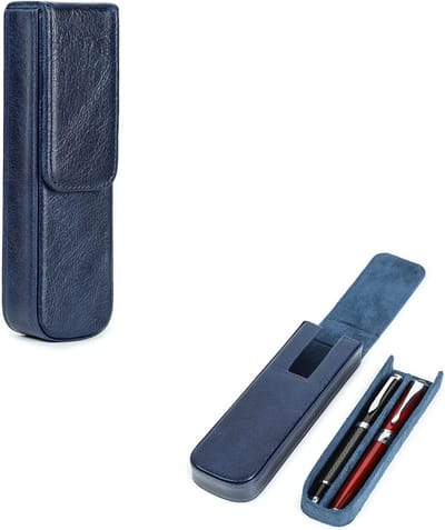 Pen Case Plantaardig Gelooid Leer Gemaakt Vulpen Opbergdoos Met Verborgen Magnetische Snap Sluiting Ontwerp, Blauw, For 2 Pens, Modern design