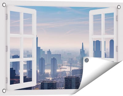 Gards Tuinposter Doorkijk Rotterdamse Skyline - 60x40 cm - Tuindoek - Tuindecoratie - Wanddecoratie buiten - Tuinschilderij