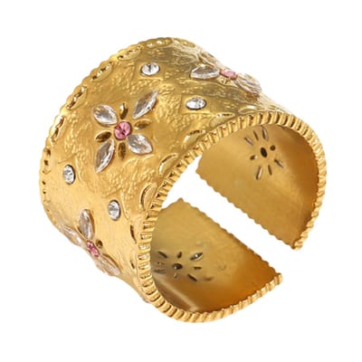 Marama - Ring Francine Goud - stainless steel met gouden plating - strass steentje - reliëf - subtiel - trendy - goudkleurig - damesring - brede ring