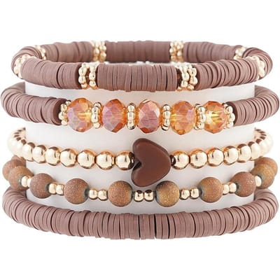 Ensemble de 5 pièces Bracelet Multicouche Élégant Cœur en Céramique Douce Grise, Bracelet Élastique Cristal Artificiel, Convient pour le Quotidien des Dames, Soirées beige
