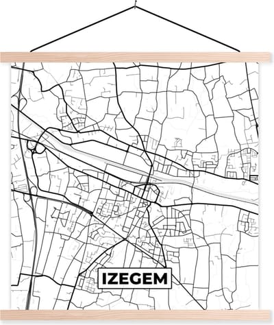 Posterhanger incl. Poster 40x40 cm - Schoolplaat - Stadskaart – Zwart Wit - Kaart – Izegem – België – Plattegrond - Textielposter - Blanke latten - Stadskaart