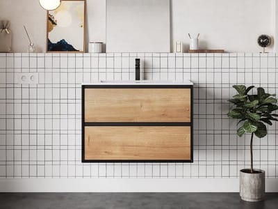 Vente-unique Hangend badkamermeubel met ingebouwde wastafel - Licht naturel en zwart - 80 cm - LANNICK