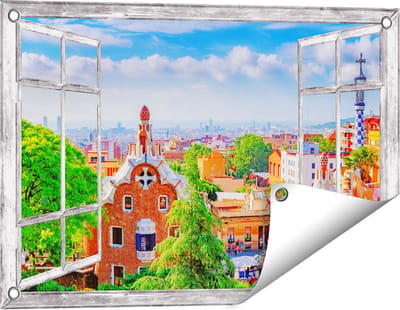 Gards Tuinposter Doorkijk Park Güell in Barcelona - Kleurrijk - 60x40 cm - Tuindoek - Tuindecoratie - Wanddecoratie buiten - Tuinschilderij