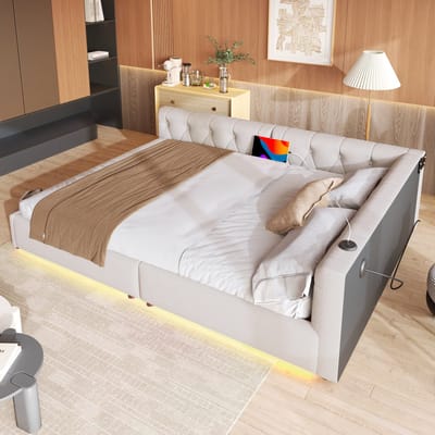 MODENUIT Slaapbank 140x200 cm – Zonder matras – Met Usb- en Usb-C-poort – Led-verlichting – Lattenbodem – Linnen – Beige