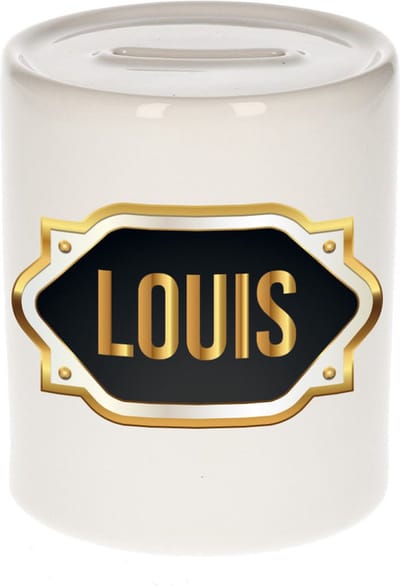Spaarpot met voornaam Louis - wit - met goud/zwart embleem - 8 x 9 cm - keramiek - met afsluitdop - cadeau verjaardag