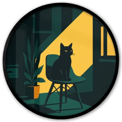 Poster in lijst Rond - Fotolijst 40x40 cm - Posters - Zwarte kat - Mysterieus - Gele instraal - Ronde posterlijst zwart - Decoratie - Wanddecoratie woonkamer - Muurdecoratie slaapkamer