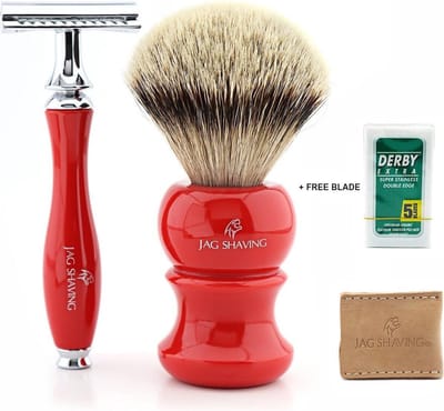 Jag Shaving Scheermes voor Mannen – Double Edge Veiligheidsscheermes – Scheerkwast – Etui – Inclusief Scheermesjes – Rood