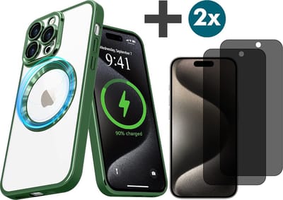 Hoesje met Privacy Screenprotectors 2 Stuks Geschikt voor iphone 15 Pro Hoesje - Geschikt voor MagSafe - Arara siliconen Backcover - Groen