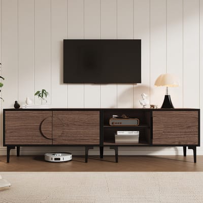 Wishdor Tv-Meubel - 3 Kastdeuren En 2 Open Vakken - Spanplaat Met Pvc Poten - Donker Eiken - 180 X 35 X 49 Cm
