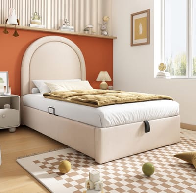 MEUNIQ kinderbed 90 x 200 cm met opbergruimte, hydraulische lattenbodem, halfrond hoofdbord, beige kunstleer, eenpersoons bedframe voor kinderkamer