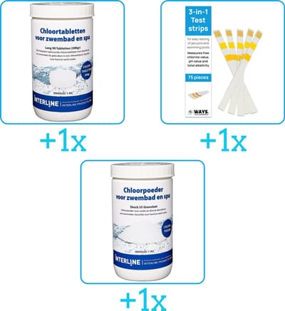 Zwembad Onderhoudspakket - Onderhoud Zwembad - bevat Chloor - Testrips en Chloor (3-delig)