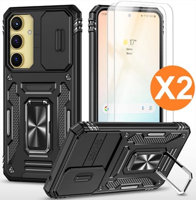 Hoesje Geschikt voor Samsung Galaxy A35 hoesje backcover Zwart met Met Draaibare Ring Houder en camera bescherming - Galaxy A35 Screenprotector - 2 stuks
