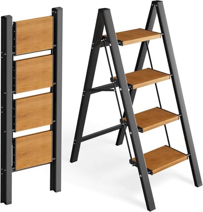 Trapladder Inklapbaar - Opstapkruk Aluminium - Veilig Klussen - Extra Brede Treden - 4 Treden - Zwart