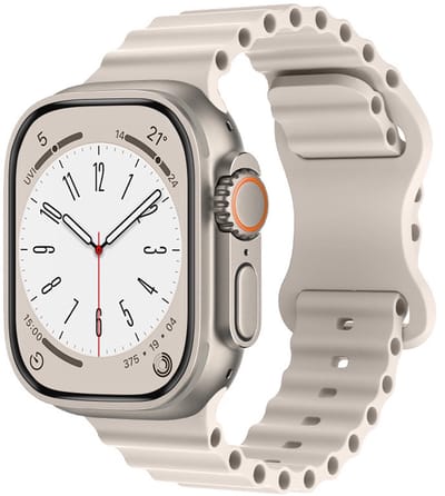 Stravo Ocean Sport Siliconen Bandje met RVS sluiting – Geschikt voor Apple Watch 46mm (Series 11/10), 45mm (Series 9/8/7), 44mm (Series 6/5/4, SE 3/2/1), 49mm (Ultra 3/2/1) – Ademend & Waterbestendig – Starlight