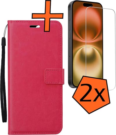 Hoes - Met 2x Screenprotector - Geschikt voor Apple iPhone 16 - Luxe Pasjeshouder - Bookcase Portemonee - Flip Case - Kunstleer Book Case - Flipcase Hoes - Book Cover - Walletcase - PortemonneeHoes - Donkerroze