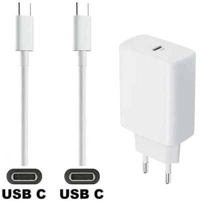 OneOne 45W super snellader en screenprotector van glas voor iPhone 15 en iPhone 16. Oplader met sterke 0,5m USB C naar C kabel. Krachtige witte PD PPS lader adapter. Screenprotector past op Apple iPhone 15, iPhone 16