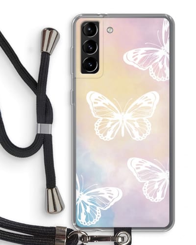 Case Company® - Hoesje met koord geschikt voor Samsung Galaxy S21 Plus hoesje met Koord - White butterfly - Telefoonhoesje met Zwart Koord - Bescherming aan alle Kanten en Over de Schermrand