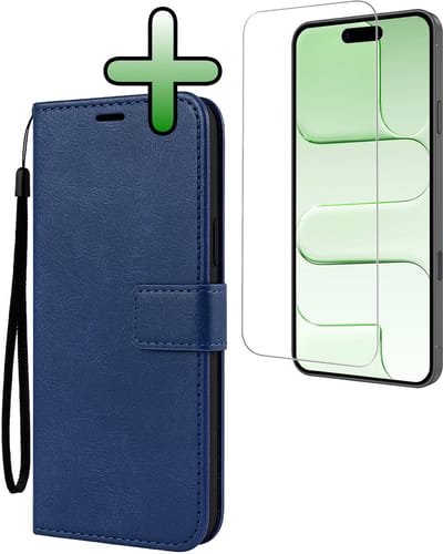 Hoesje Met Screenprotector - Geschikt voor Apple iPhone Air - Luxe Pasjeshouder - Bookcase Portemonee - Flip Case - Kunstleer Book Case - Flipcase - Book Cover - Walletcase - Portemonneehoes - Donkerblauw