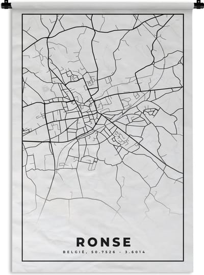 Wandkleed - Wanddoek - Plattegrond – Ronse – Zwart Wit – Stadskaart - Kaart - België - 120x180 cm - Wandtapijt