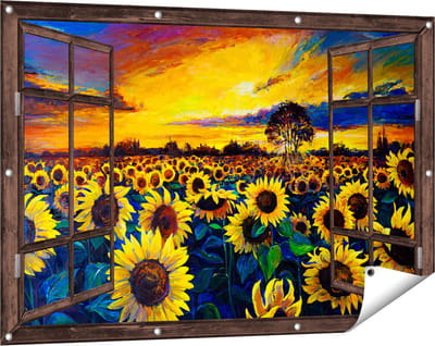 Gards Tuinposter Doorkijk Getekende Zonnebloemen Veld met Olieverf - 120x80 cm - Tuindoek - Tuindecoratie - Wanddecoratie buiten - Tuinschilderij
