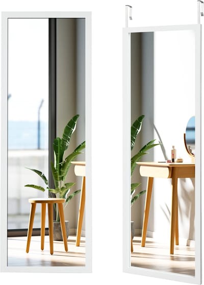 COSTWAY Wandspiegel deurspiegel, hangspiegel, full-body spiegel met in hoogte verstelbare ophanghaken, spiegel voor slaapkamer, woonkamer en entree, 120 x 37 cm, wit