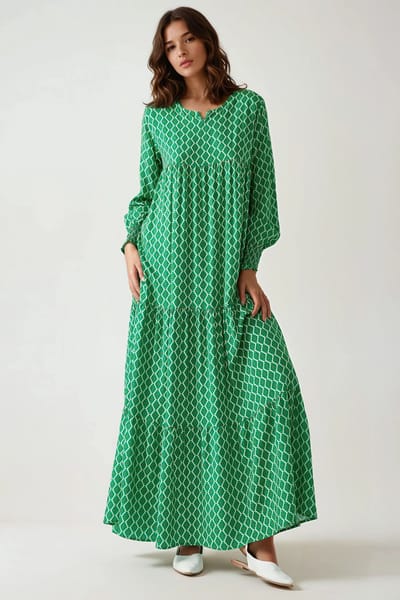 Geprinte Korte Mouw Viscose Maxi Jurk