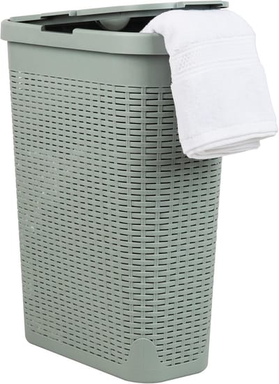 Slanke 40L Wasmand met Deksel - Ventilerende Rieten Stijl voor Kleding en Beddengoed