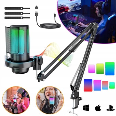 Microfoon Met Mute-Knop Bovenop Heldere Audio Ruisonderdrukking - Cardioïde RGB - Plug & Play Microfoonarm 3,5mm Monitoring - Voor PC PS4/5 Mac En Telefoon - Zwart