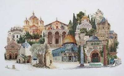 Thea Gouverneur - Borduurpakket met telpatroon - 533 - Voorgesorteerde DMC Garens - Jerusalem Israël - Linnen - 79 cm x 50 cm - DIY Kit