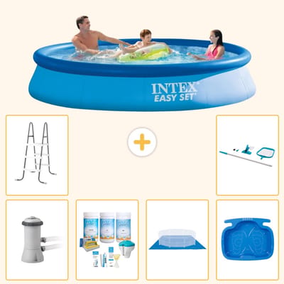 Intex Rond Opblaasbaar Easy Set Zwembad - 366 x 76 cm - Blauw - Inclusief Pomp - Onderhoudspakket - Grondzeil - Voetenbad - Ladder - Schoonmaakset - 7-delig