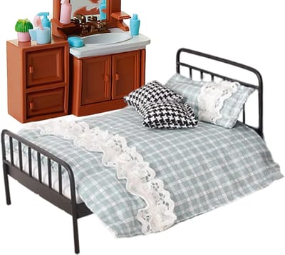 Poppenhuis Beddengoed Set - Miniatuur Bed Poppenhuis Meubilair - Poppenhuis Decoratie - Realistisch Vakmanschap - 1:12 Schaal - Blauw