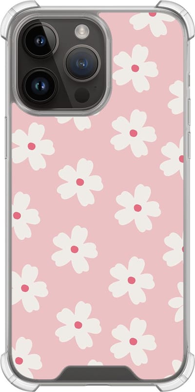Shockproof hoesje - Geschikt voor iPhone 14 Pro Max - Roze retro bloempjes - Extra sterke case - TPU/polycarbonaat - Bloemen - Roze, Transparant
