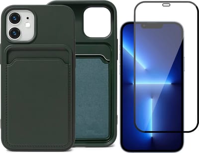 Groen Pasjeshouder Hoesje geschikt voor iPhone 12 / 12 Pro - Full Screenprotector Glas + Kaart TPU Hoesje Backcover