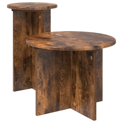 vidaXL - Bijzettafelset - 2 - st - Gerookt - eiken - Ø - 45 - x - 35 - cm - Bewerkt - hout