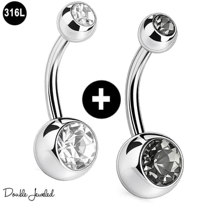 Navelpiercing Set 2 Stuks – Navel Piercing 316L Chirurgisch Staal – Belly Button Piercing – Banana Barbell 1.6mm – Double Jeweled – Helder & Grijs – Buikpiercing Dames