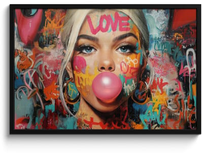 Poster in lijst - Fotolijst 90x60 cm - Posters - Vrouw - Kauwgom - Graffiti - Love - Posterlijst zwart - Decoratie - Wanddecoratie woonkamer - Muurdecoratie slaapkamer