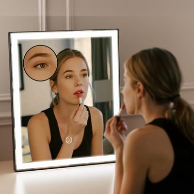 ANTENLICHT Make Up Spiegel 30x25CM - Dimbaar - Draaibaar - USB-C Oplaadpoort - 10x Vergroting - 3 lichtstanden - Dimbaar - Smart Touch - Spiegel met verlichting - Make Up Spiegel - Visagie spiegel - Zwart
