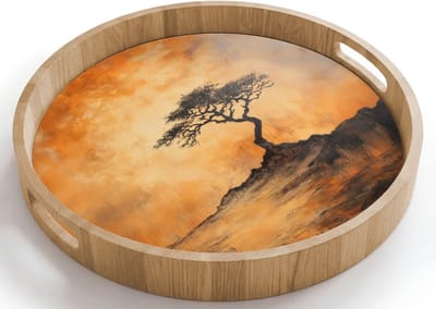 Dienblad rond 40x40 cm - Schootdienblad hout - Boom - Landschap - Oranje - Borrelplank rechthoek - Plateau houten dienbladen